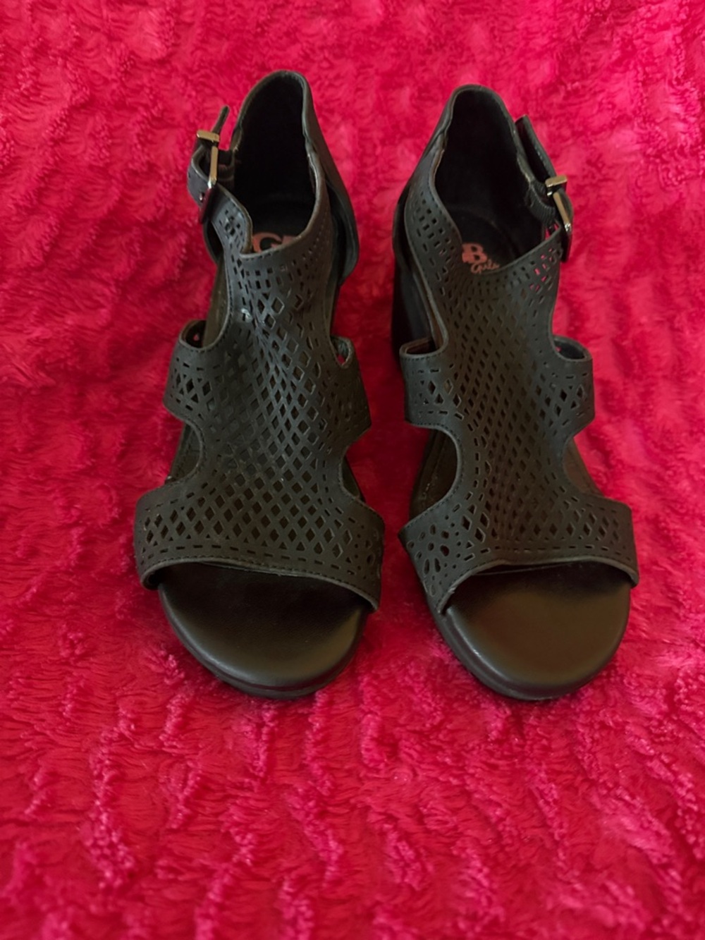 GB Girls Black Perforated Buckle Sandals Wedge